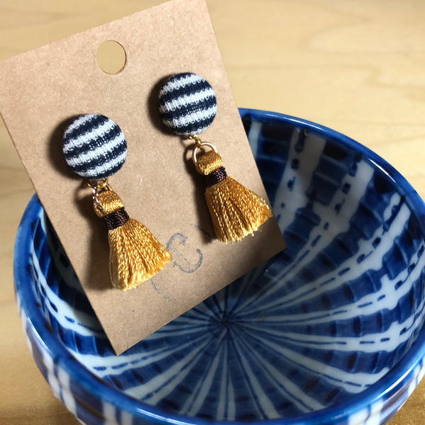 Cloth Button + Mini Tassel Earrings