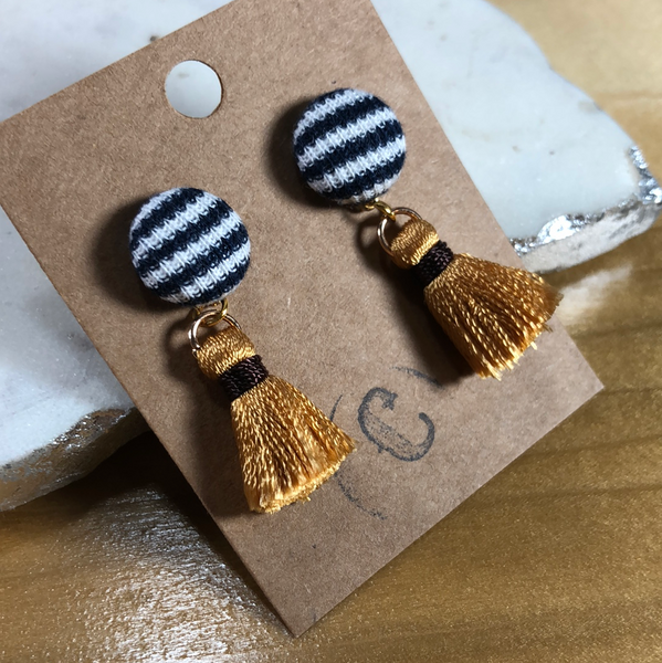 Cloth Button + Mini Tassel Earrings