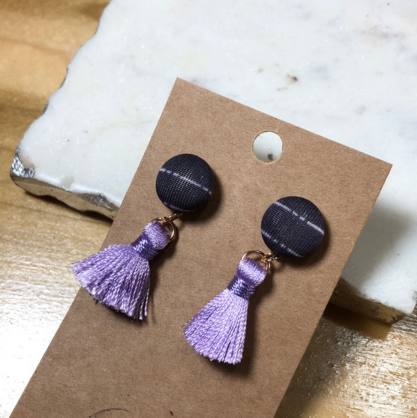 Cloth Button + Mini Tassel Earrings