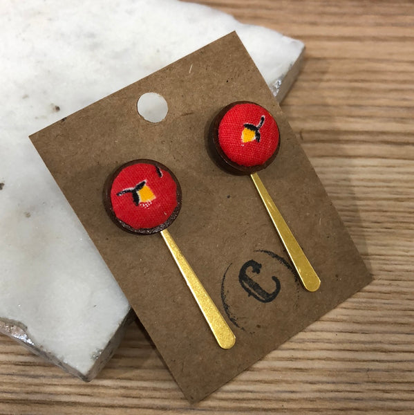 Wood + Cloth Button + Raw Brass Dangle Earrings