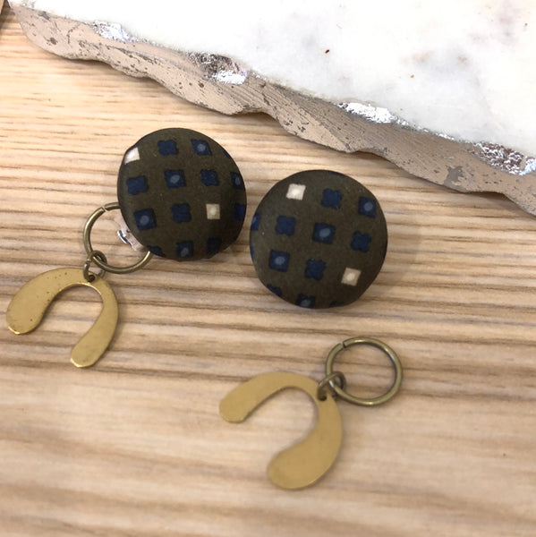 Clip-On Cloth Button + Removable Raw Brass Dangle Earrings