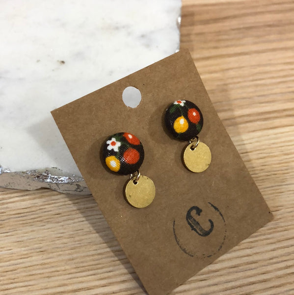 Cloth Button + Raw Brass Dangle Earrings