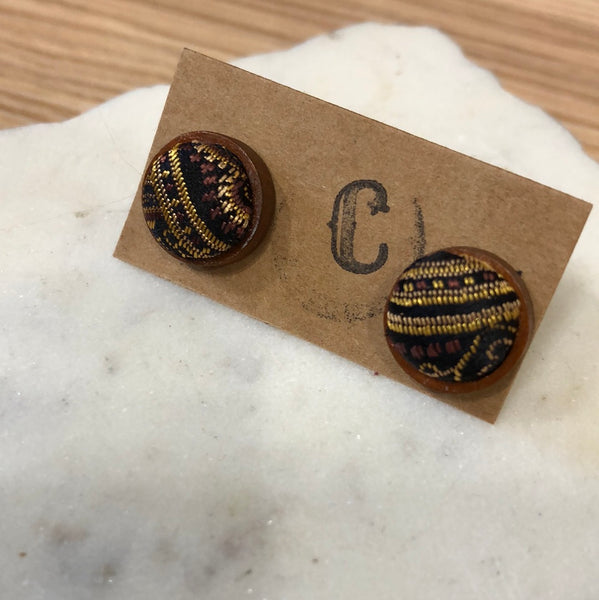 Wood + Cloth Button Stud Earrings