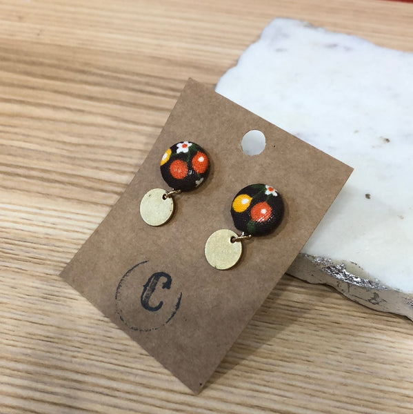 Cloth Button + Raw Brass Dangle Earrings