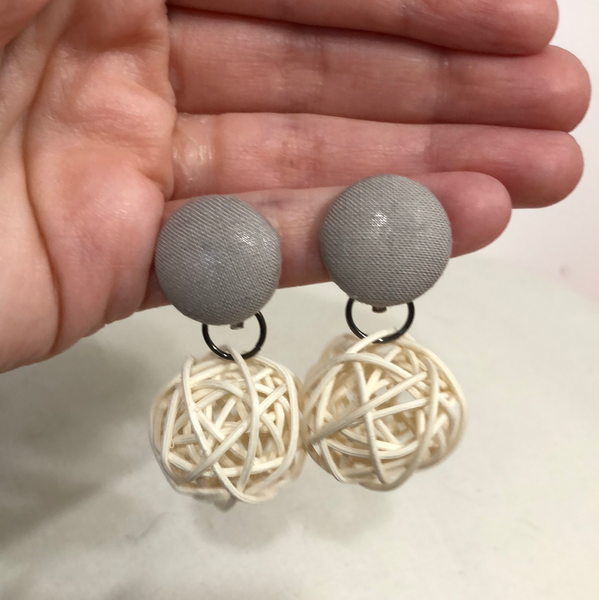 Clip-On Cloth Button + Removable Wicker Dangle Earrings