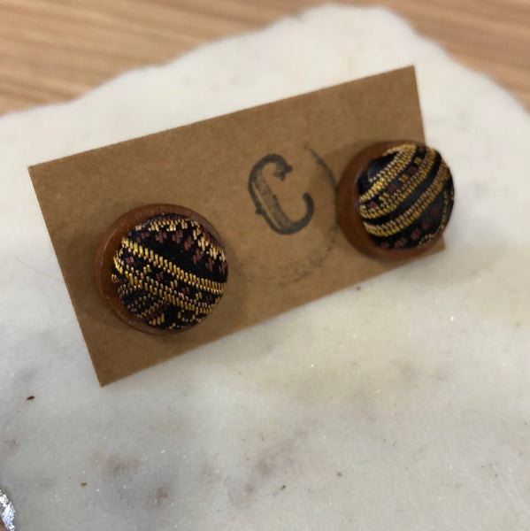 Wood + Cloth Button Stud Earrings