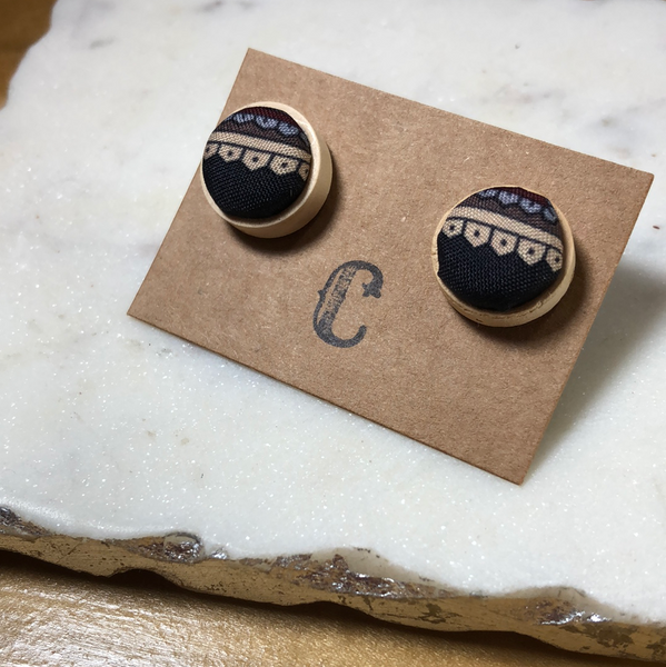 Wood + Cloth Button Stud Earrings