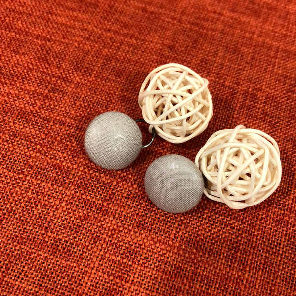 Clip-On Cloth Button + Removable Wicker Dangle Earrings