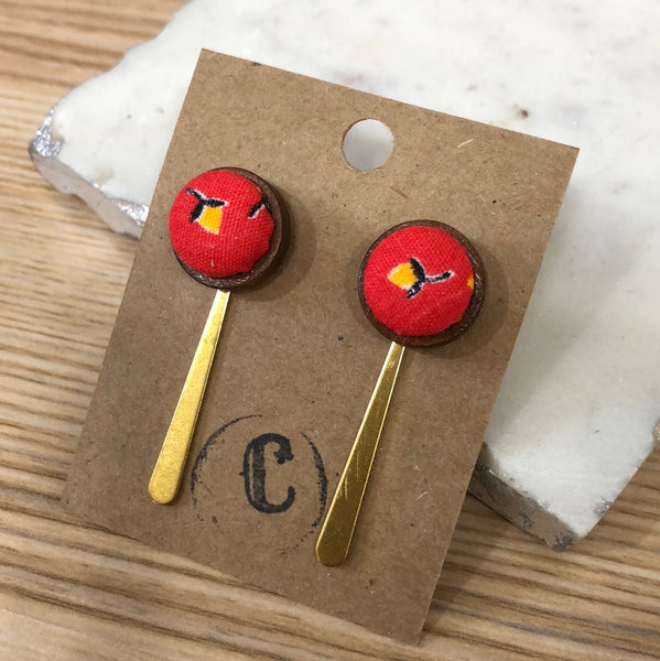 Wood + Cloth Button + Raw Brass Dangle Earrings