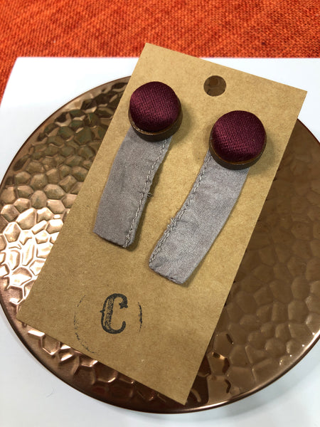 Wood + Cloth Button Stud Earrings with Ribbon