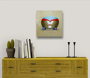 colorful abstract modern art on wood panel, hanging on a wall over a yellow cabinet with plant, books and candlesticks
