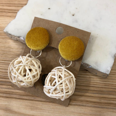 Clip-On Cloth Button + Removable Wicker Dangle Earrings