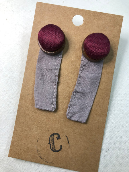 Wood + Cloth Button Stud Earrings with Ribbon