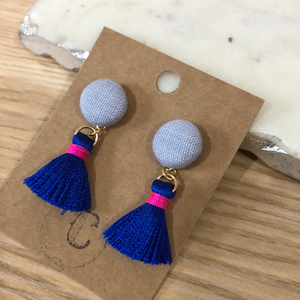 Cloth Button + Mini Tassel Earrings