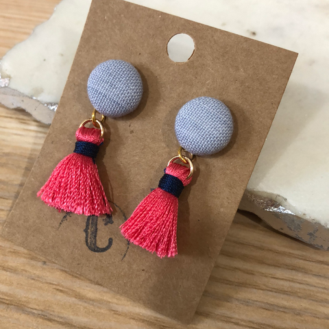 Cloth Button + Mini Tassel Earrings